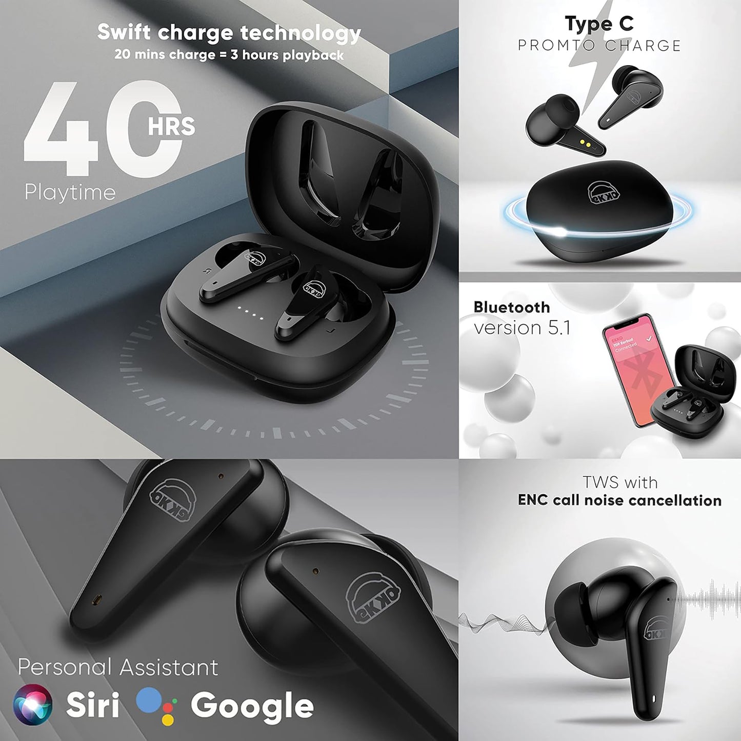 EKKO Earbeats T09: Mic, ENC Call Noise Cancellation, 40H Playtime, 10MM Driver, Twin Connect, Maxx Bass, Water Resistance (Black)