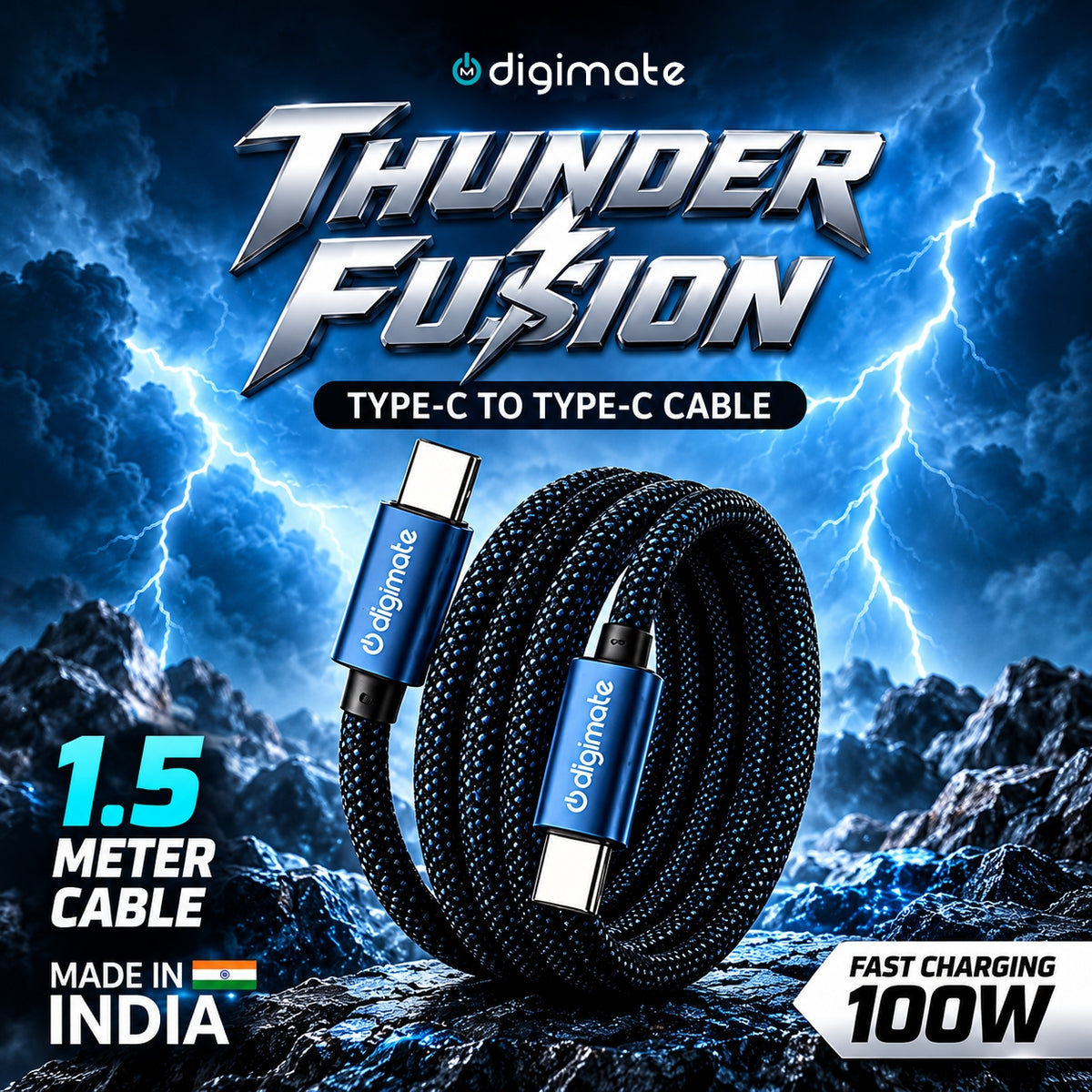 Digimate Thunder Fusion Type-C to Type-C Cable 100W Fast Charging, 480Mbps Data Transfer, 1.5 Meter Braided TPE Cable