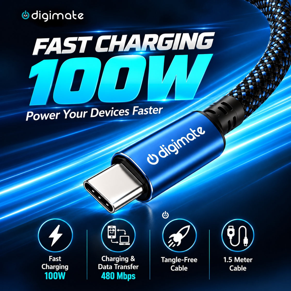 Digimate Thunder Fusion Type-C to Type-C Cable 100W Fast Charging, 480Mbps Data Transfer, 1.5 Meter Braided TPE Cable
