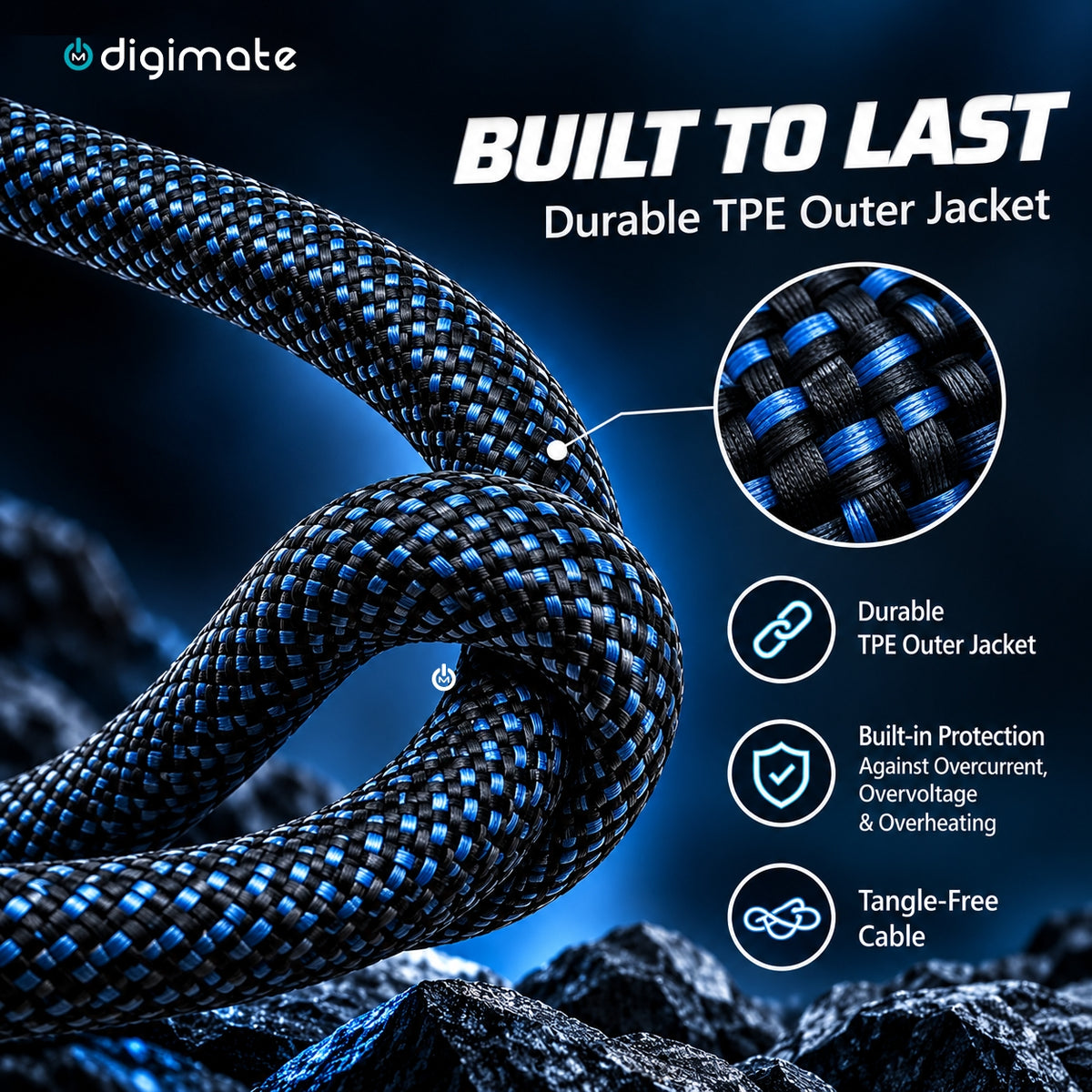Digimate Thunder Fusion Type-C to Type-C Cable 100W Fast Charging, 480Mbps Data Transfer, 1.5 Meter Braided TPE Cable