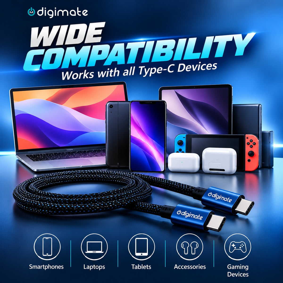 Digimate Thunder Fusion Type-C to Type-C Cable 100W Fast Charging, 480Mbps Data Transfer, 1.5 Meter Braided TPE Cable