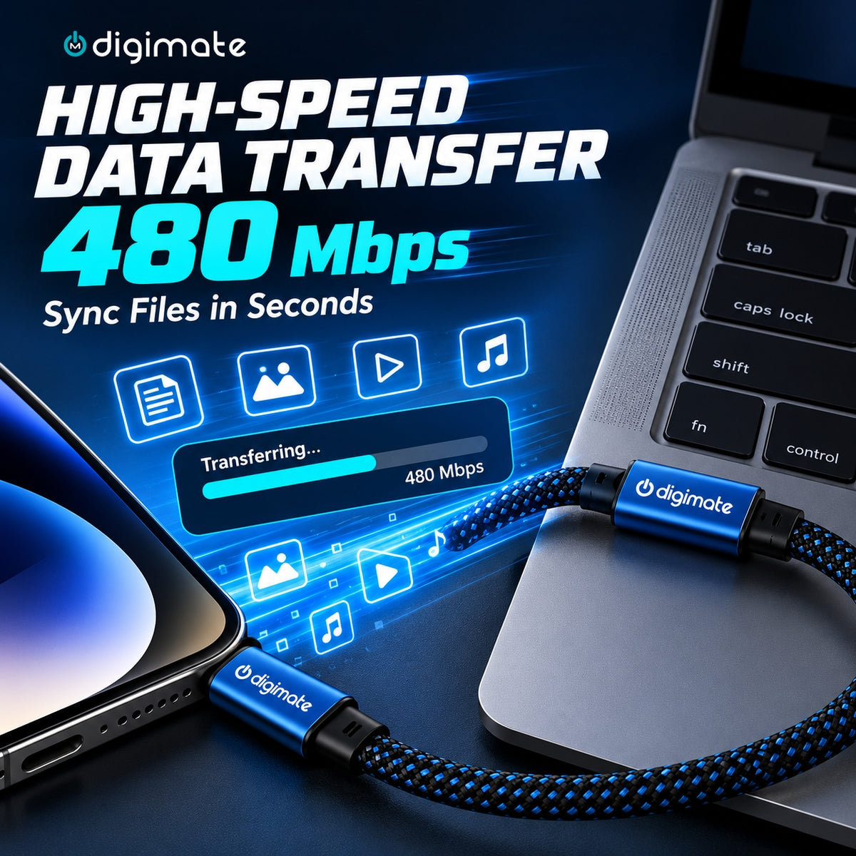 Digimate Thunder Fusion Type-C to Type-C Cable 100W Fast Charging, 480Mbps Data Transfer, 1.5 Meter Braided TPE Cable