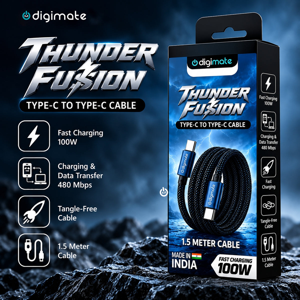 Digimate Thunder Fusion Type-C to Type-C Cable 100W Fast Charging, 480Mbps Data Transfer, 1.5 Meter Braided TPE Cable
