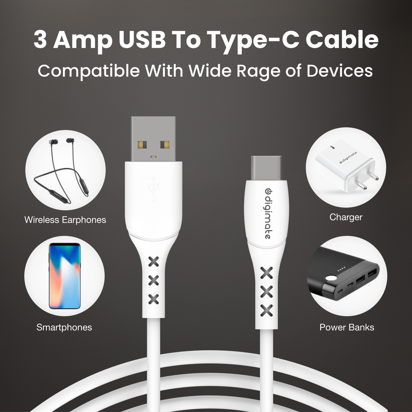 Digimate USB To C Cable With 3 AMP Output For Charging Support Upto 65 Watt & Data Transfer 1 Meter (DG-TCC-1002, White)