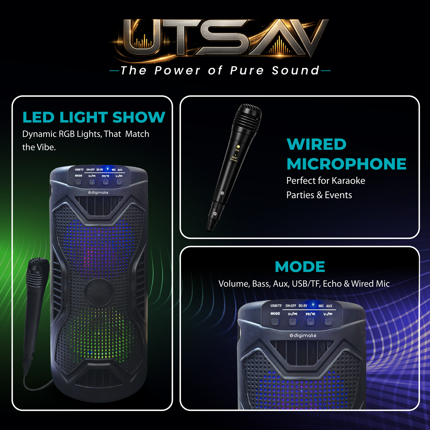 Independence Day Offer | Digimate UTSAV 30W Bluetooth Party Speaker with Mic, FM, USB, TF Card & 10H Playtime + Jackbeat Earphones