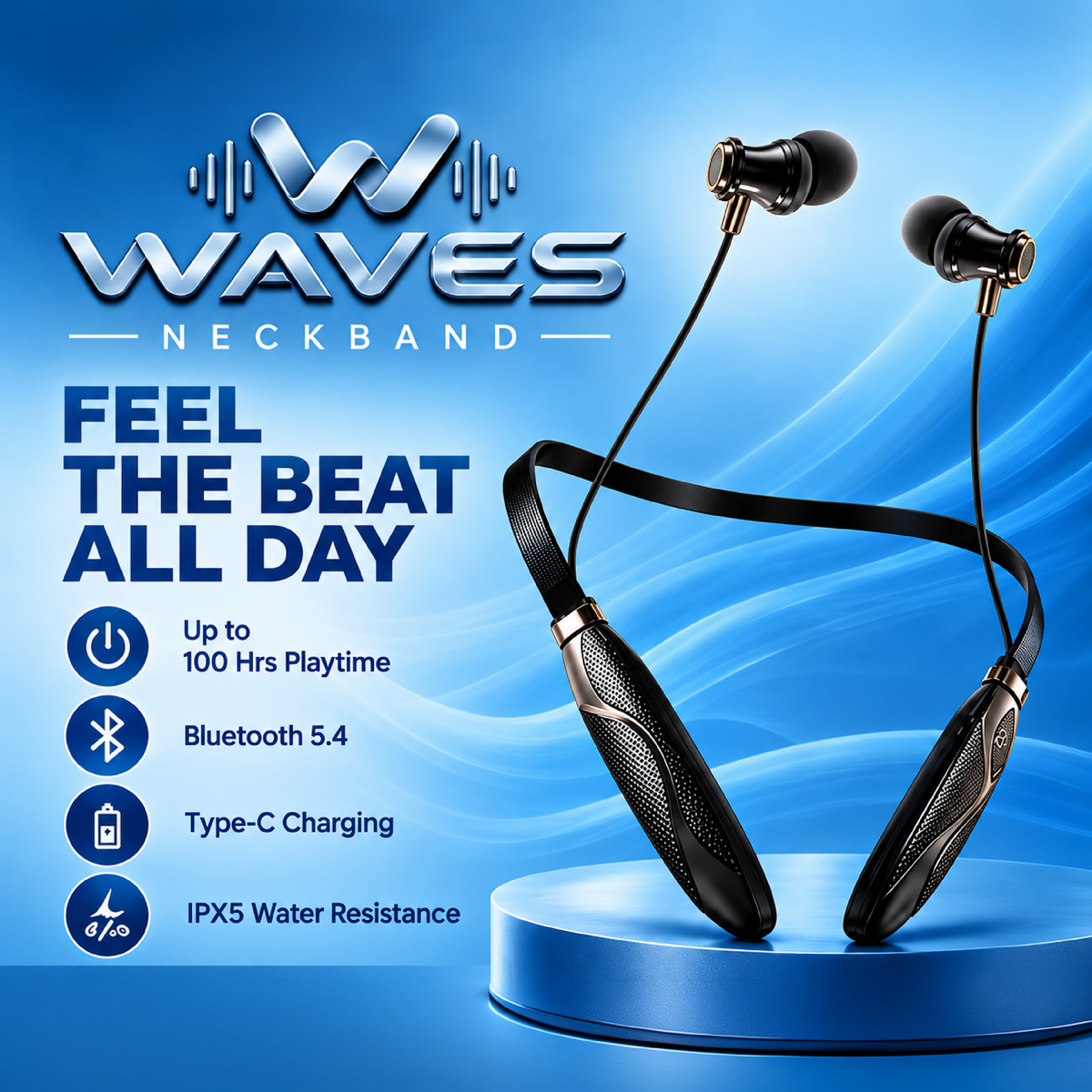 Digimate Waves Wireless Neckband | 100H Playtime | Bluetooth 5.4 | IPX5 Water Resistant | Type-C Fast Charging | Voice Assistant | DG-NB-W-1001