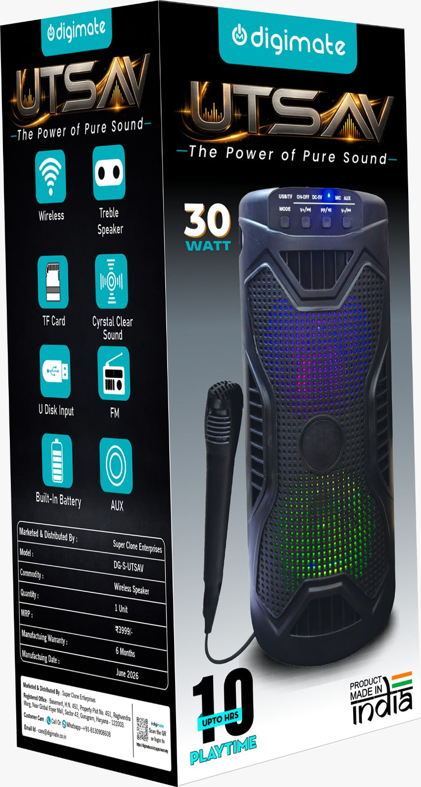 Digimate UTSAV 30W Wireless Bluetooth Party Speaker with Wired Microphone, FM, USB, TF Card & Up to 10 Hours Playtime (DG-S-UTSAV)