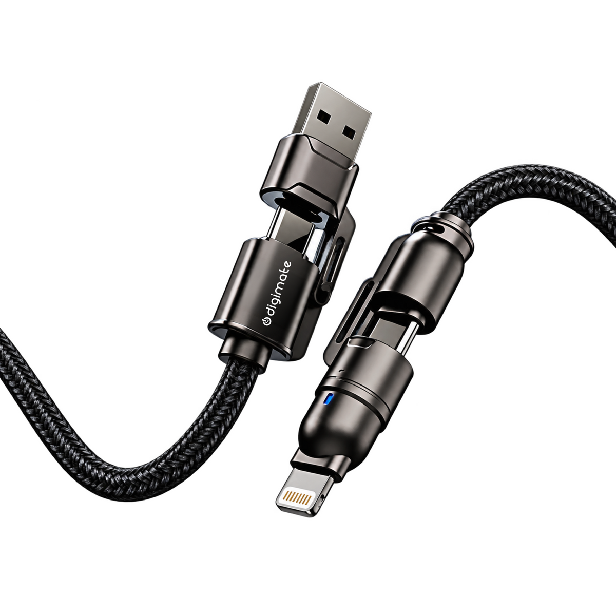Digimate 4-in-1 Snake Cable 120W Fast Charging | Multi-Connector Braided Cable for iPhone, Samsung, OnePlus & Type-C Devices | USB-A to Type-C, Lightning & Type-C to Type-C