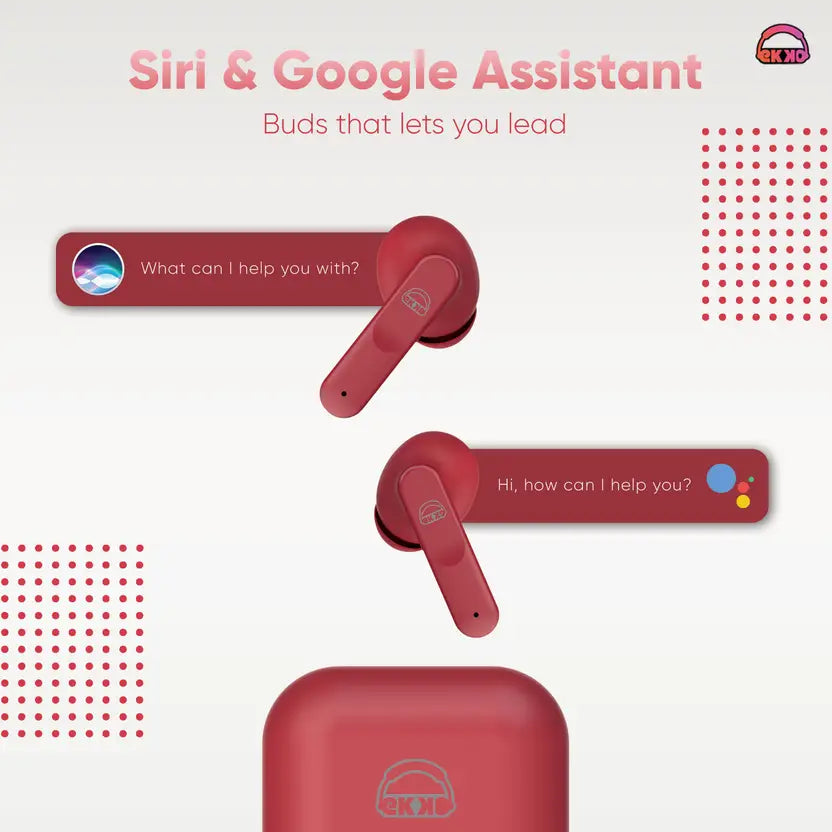 EKKO Earbeats T04 TWS: ENC Call Noise Cancellation, 50H Playtime, 10MM Driver, Twin Connect, Type-C Fast Charging, Siri & Google Assistant (Red)