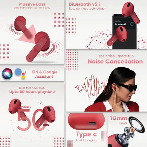 EKKO Earbeats T04 TWS: ENC Call Noise Cancellation, 50H Playtime, 10MM Driver, Twin Connect, Type-C Fast Charging, Siri & Google Assistant (Red)