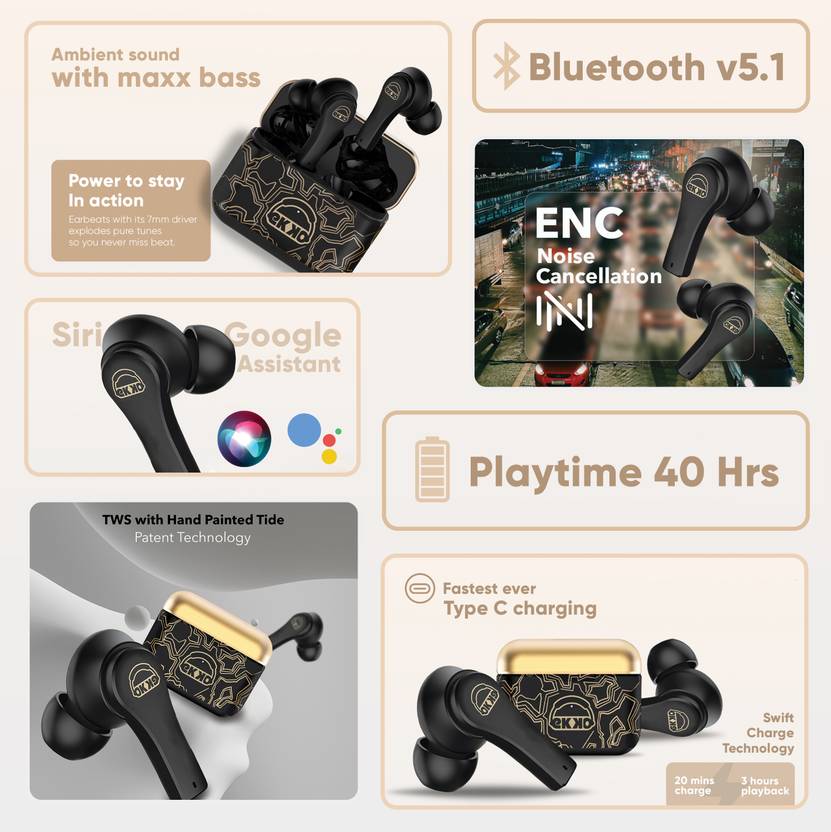 EKKO Earbeat T08 AlterEgo : Mic, ENC Call Noise Cancellation, 40H Playtime, 10MM Driver, Twin Connect, Massive Bass, Water Resistance, Siri & Google (Black)